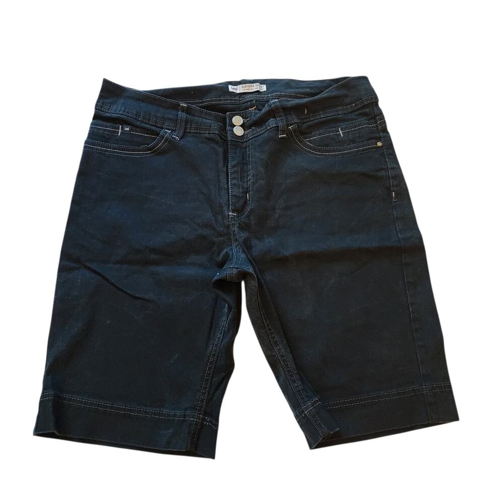 Lee Slender Secret Womens Bermuda Jean Shorts Size 14 Dark Blue Embroidered
